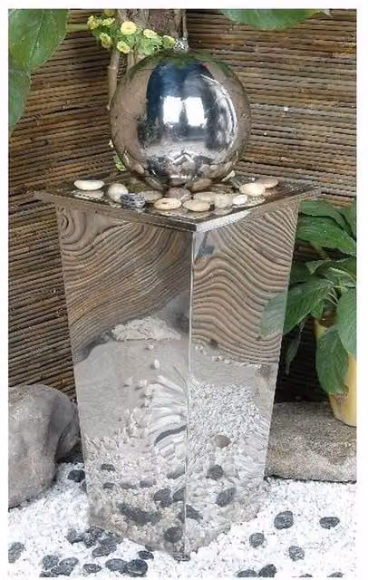 Tranquillity Water Features Sphere Stainless Steel Column Modern Metal Water Feature, Grey, Height: 83 cm