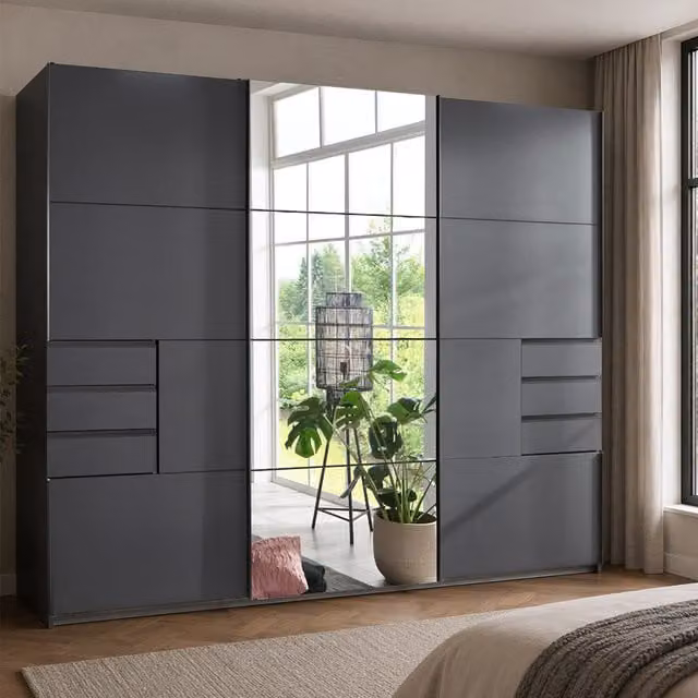 Saigon 3 Door Graphite Sliding Wardrobe with Mirror and Internal Shelving