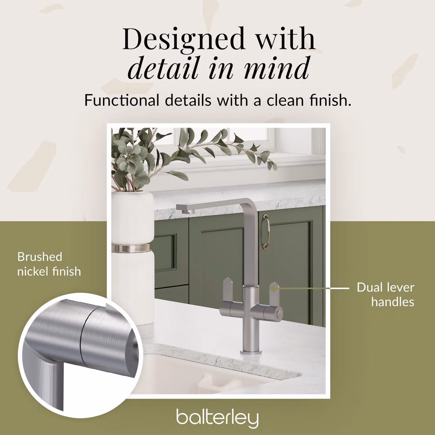 Balterley Chara Kitchen Sink Mono Mixer Tap in Brushed Nickel with Dual Lever Handles and Swivel Spout – 2