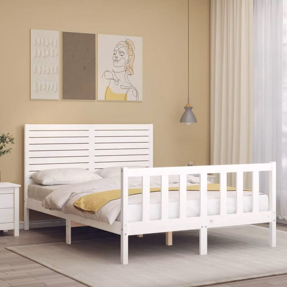 Berkfield Home Solid Wood Pine Bed Frame with Headboard in White, W/D/H: 120 x 200 cm – 2