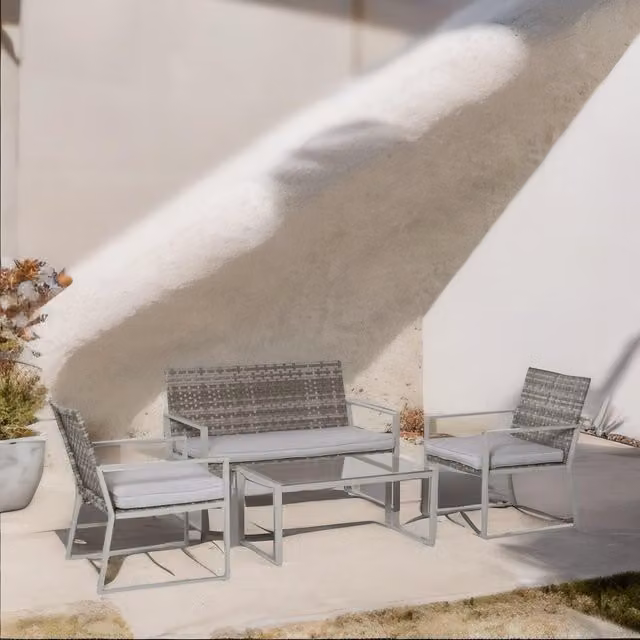 FURNOS Modern Grey Rattan Garden Furniture Set with Upholstered Cushions, 2-Seater Sofa, Armchair and Coffee Table