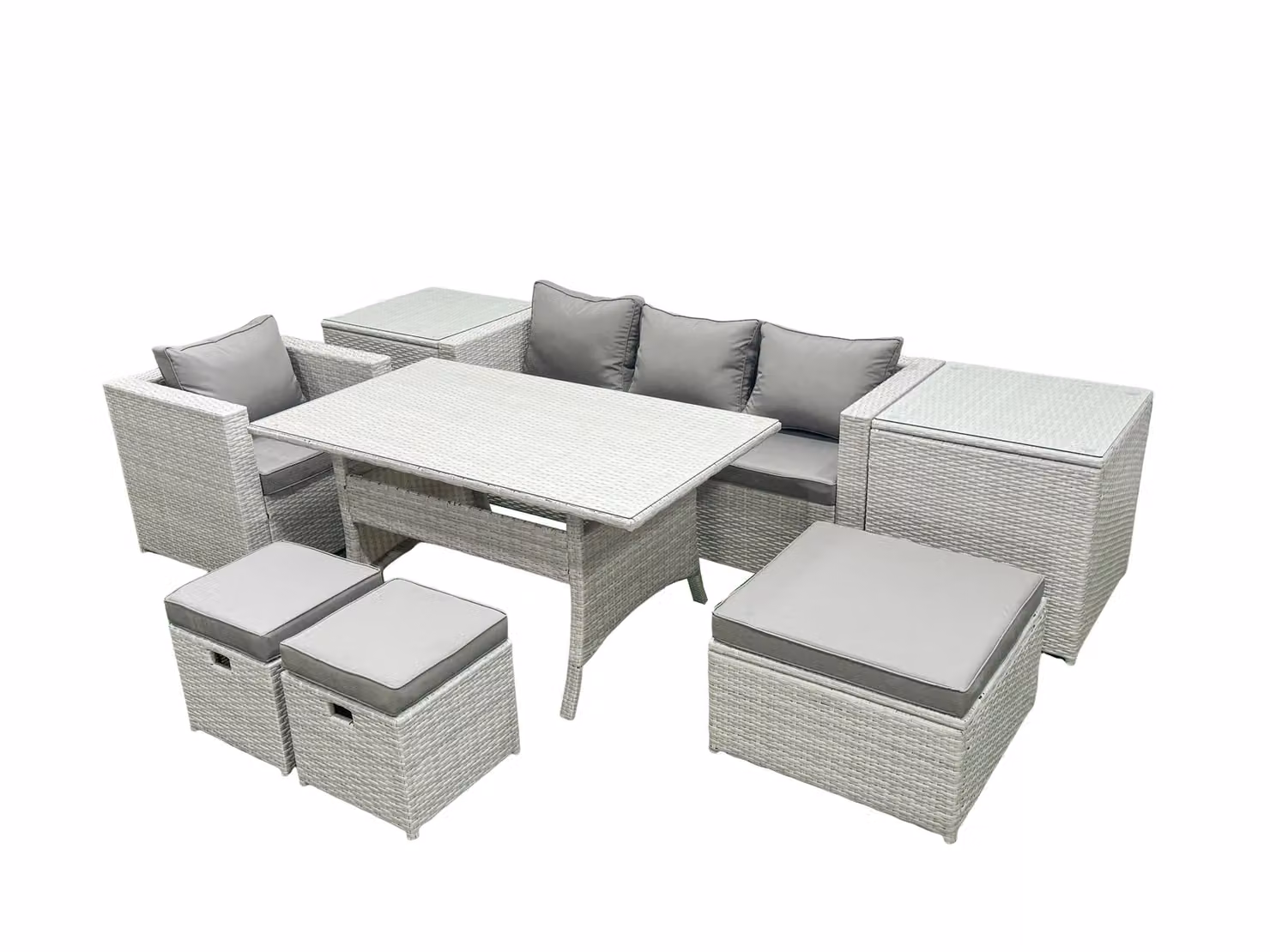 Fimous 7 Seater Rattan Garden Furniture Dining Set with Lounge Sofa, Chairs, Dining Table, 3 Footstools and 2 Side Tables in Light Grey – 2