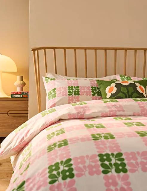 Orla Kiely Pink Checked Geometric Pure Cotton Bedding Set with Pillowcase, W: 140 cm, L: 200 cm