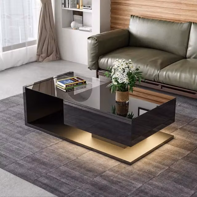 Aosom UK Modern Black High Gloss Coffee Table with 16-Colour LED Lights and Storage – 1