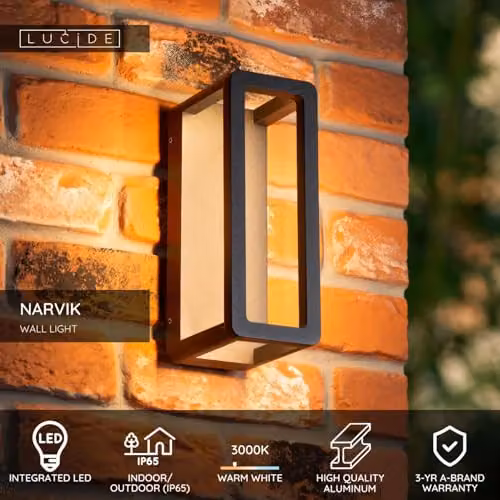 Lucide Narvik LED Wall Light, Black, IP65, Warm White 3000K – 2