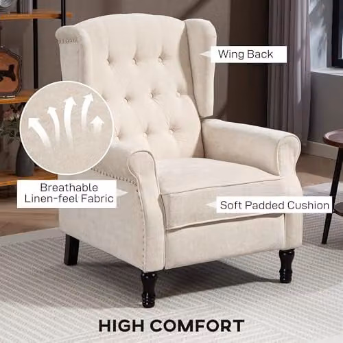 HOMCOM Vintage Wingback Recliner Armchair in Beige with Solid Wood Frame – 4