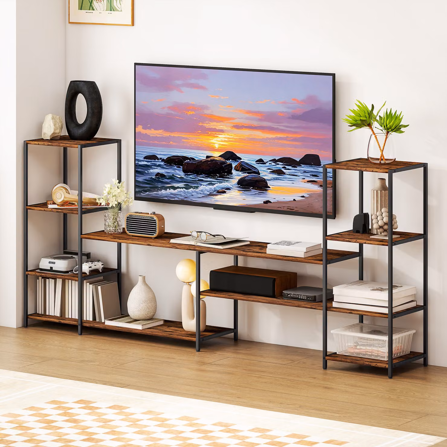 HOMCOM Industrial TV Unit for TVs up to 60 Inches with Storage Shelves in Black and Brown – 2