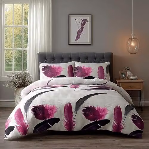 Home Sweet Home UK Super King White Feather Leaf Print Polycotton Duvet Cover and Pillowcase Set, W/D/H: 220 x 200 cm