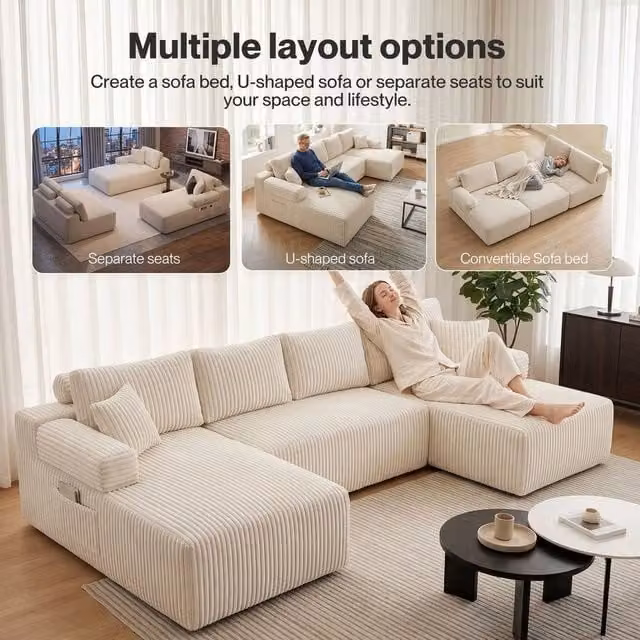 FORGEVIO Beige Modular Corduroy Sofa Bed with Sleeping Function – 1