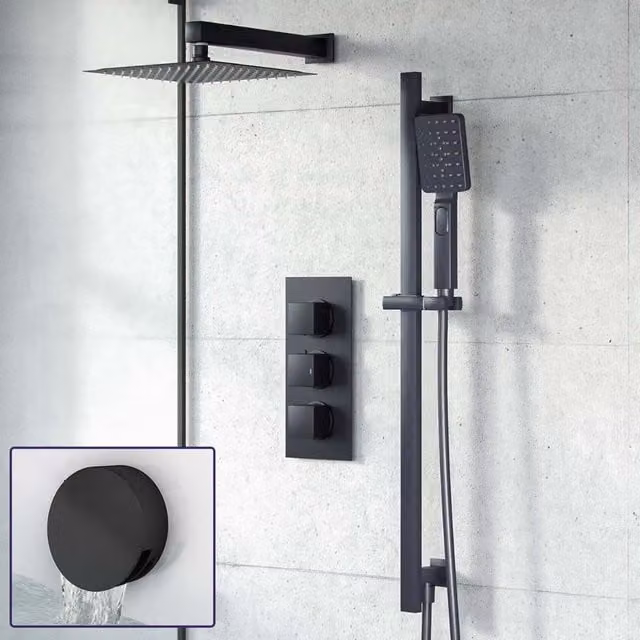 Nes Home Matte Black 3-Way Thermostatic Mixer Valve Set with 200mm Overhead Shower, Riser Rail, Handheld Shower and Bath Filler Waste