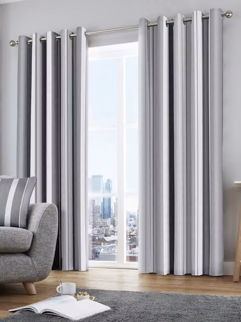 Fusion Whitworth Stripe Fully Lined 100% Cotton Eyelet Curtains in Grey, Width: 117 cm, Drop: 137 cm