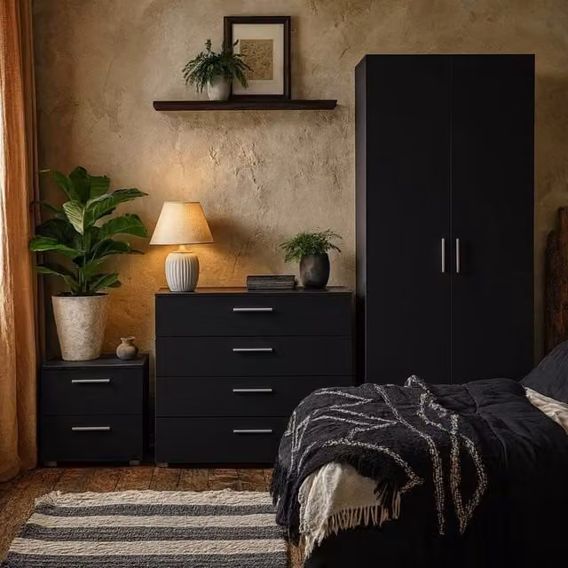 Wyld Haus Wilde Black 3 Piece Bedroom Set with 2 Drawer Bedside Tables and 4 Drawer Chest – 1