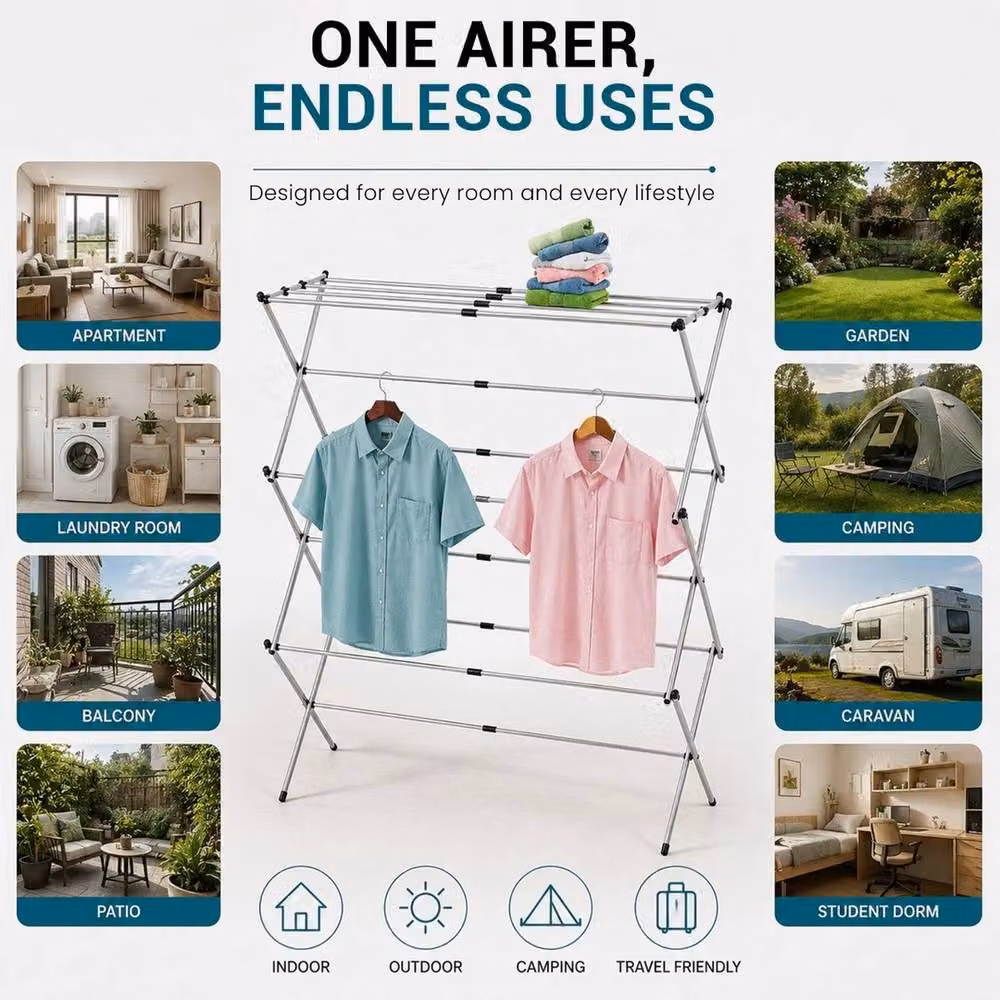 FLAVORA 3 Tier Foldable Metal Clothes Dryer Airer in Silver – 3