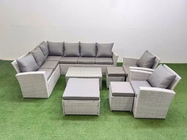Fimous 11 Seater L-Shape Garden Outdoor PE Rattan Furniture Set in Light Grey with Upholstered Cushions and 3 Stools