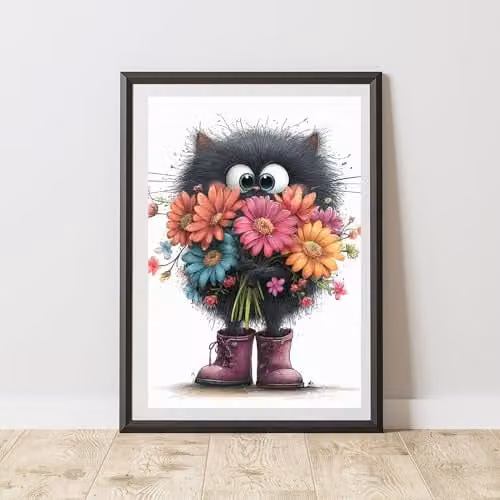 60 Second Makeover Quirky Black Cat with Floral Print Poster, A3