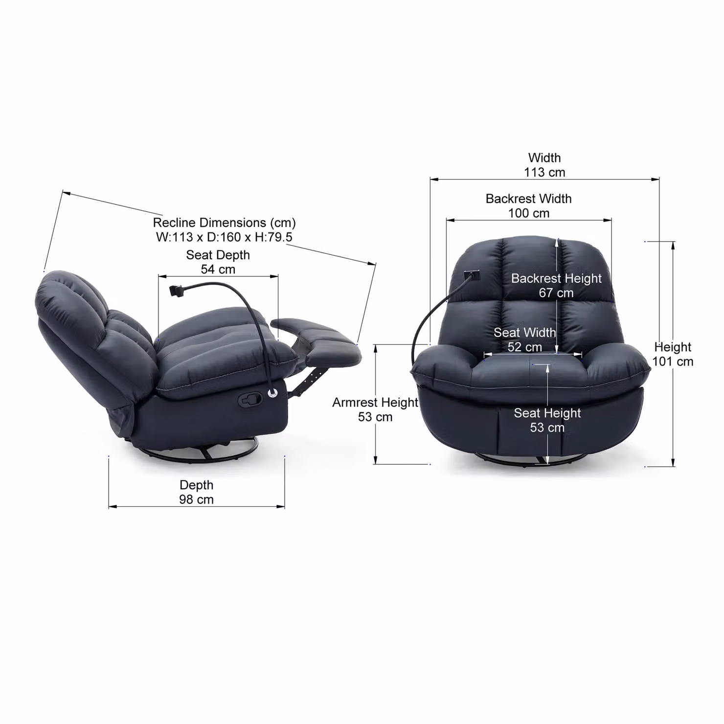 More4Homes Chicago Black Swivel and Rocker Manual Recliner Chair with Synthetic Leather and Boucle Upholstery – 3