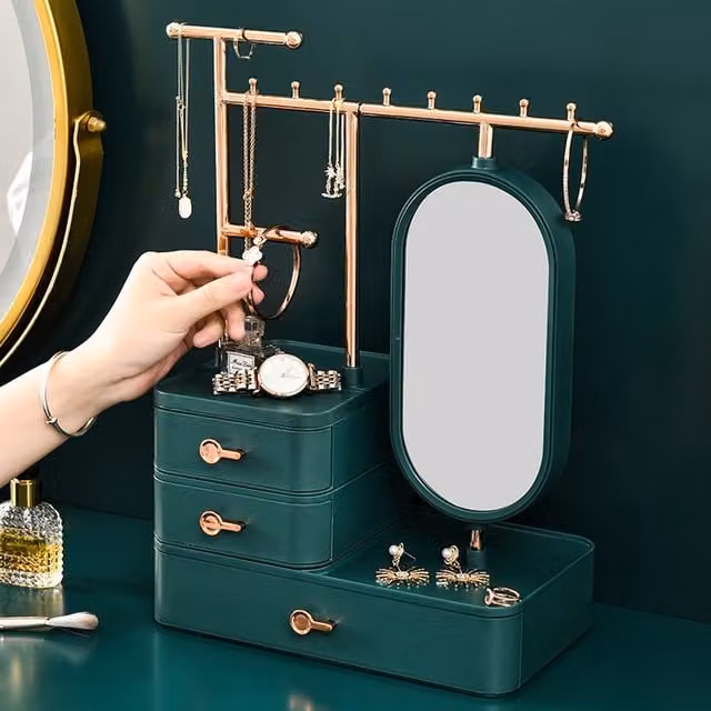 Livingandhome Luxury Mirror Jewellery Organizer Box with Hanging Rod, Green