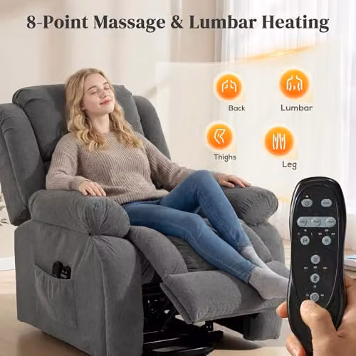 HOMCOM Grey Velvet Recliner Armchair with Powered Lift Assist, Heat and Vibration Massage – 4