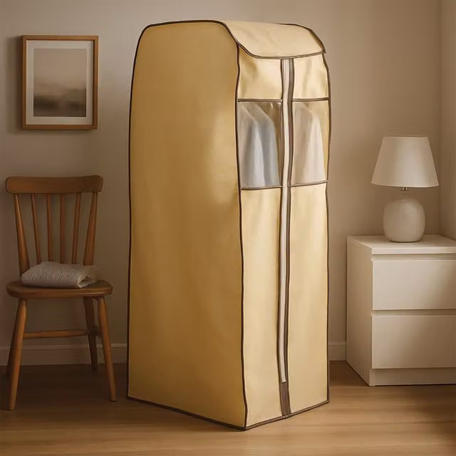 Orsina Portable Covered Hanging Wardrobe with Hanging Rail and Zippered Front in Beige and Brown – 2