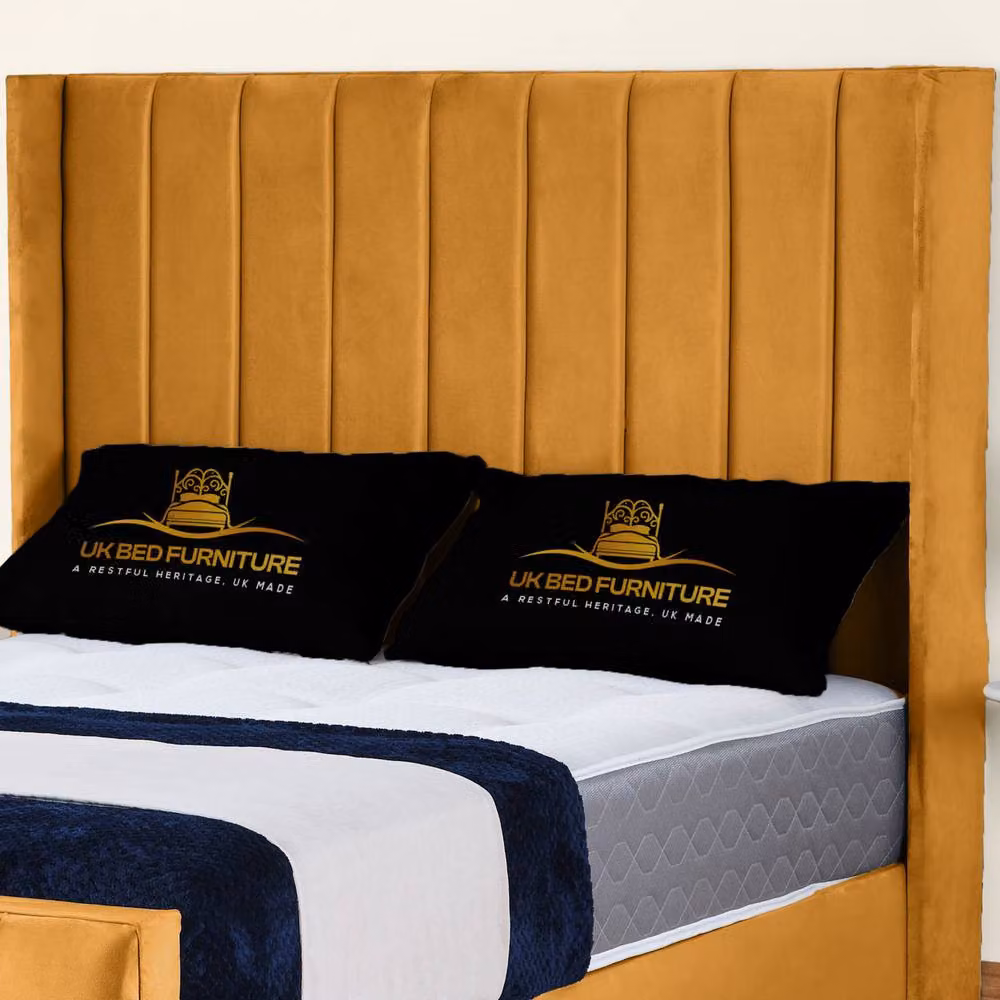 UK Bed Furniture Empire Winged Slatted Upholstered Velvet Bed with 48 Inch Headboard in Yellow, Size: King (180 x 200 cm) – 2