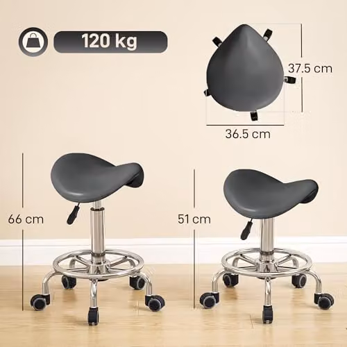 HOMCOM Grey PU Leather Adjustable Rolling Saddle Stool for Spa and Salon – 3