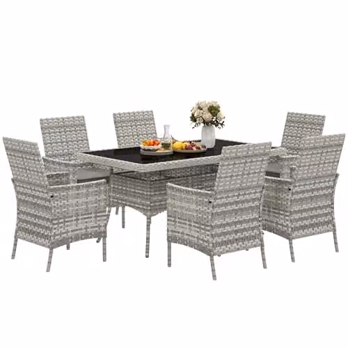 Outsunny 6 Seater Rattan Garden Furniture Set in Grey with Glass Top Rectangular Table – 1