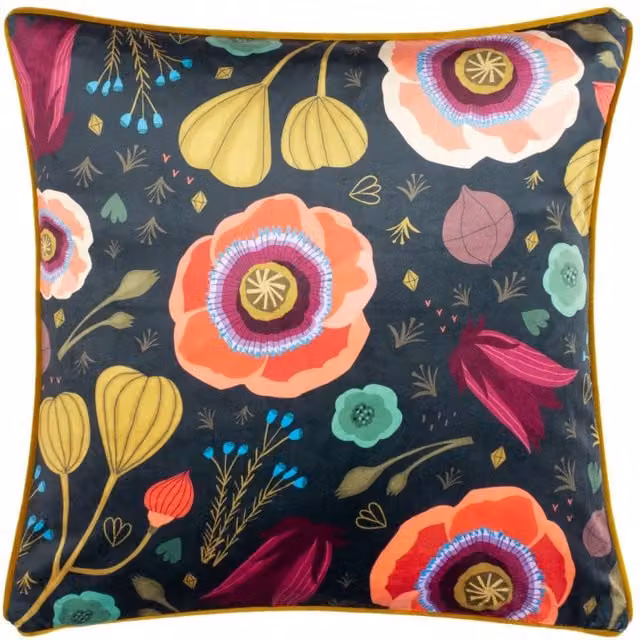 Riva Home Floral Velvet Square Cushion, Multicolour and Black, W/D/H: 50 x 50 x 50 cm