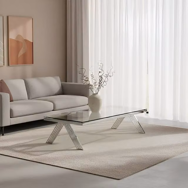 Orsina Rectangular Clear Glass Coffee Table with Silver Metal Legs, W/D/H: 130 x 70 x 35 cm – 1