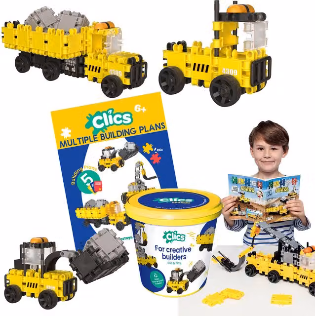 Clics Bucket Builders Clic and Play Bucket 123 Piece Plastic Building Set in Yellow and Blue