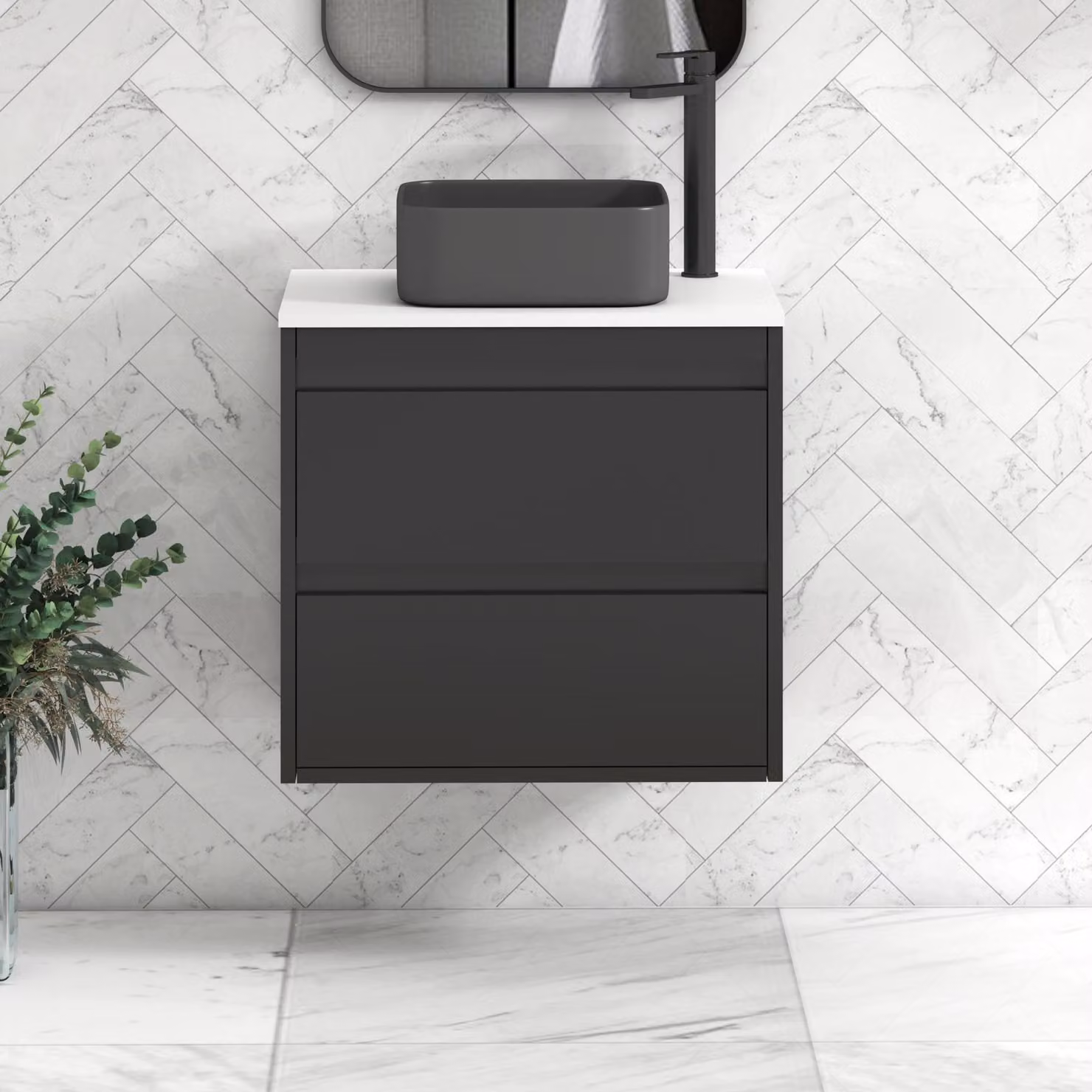 Royal Bathrooms Orion 600mm Matt Obsidian Black Wall Hung 2 Drawer Vanity Unit with White Art Square Basin and Black Accent Trim