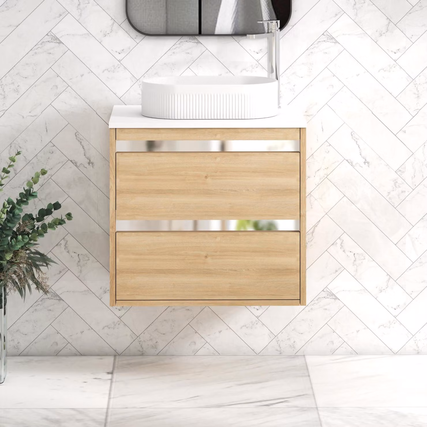 Royal Bathrooms Orion 2 Drawer Natural Oak Wall Hung Vanity Unit with Plain White Top and Countertop Basin