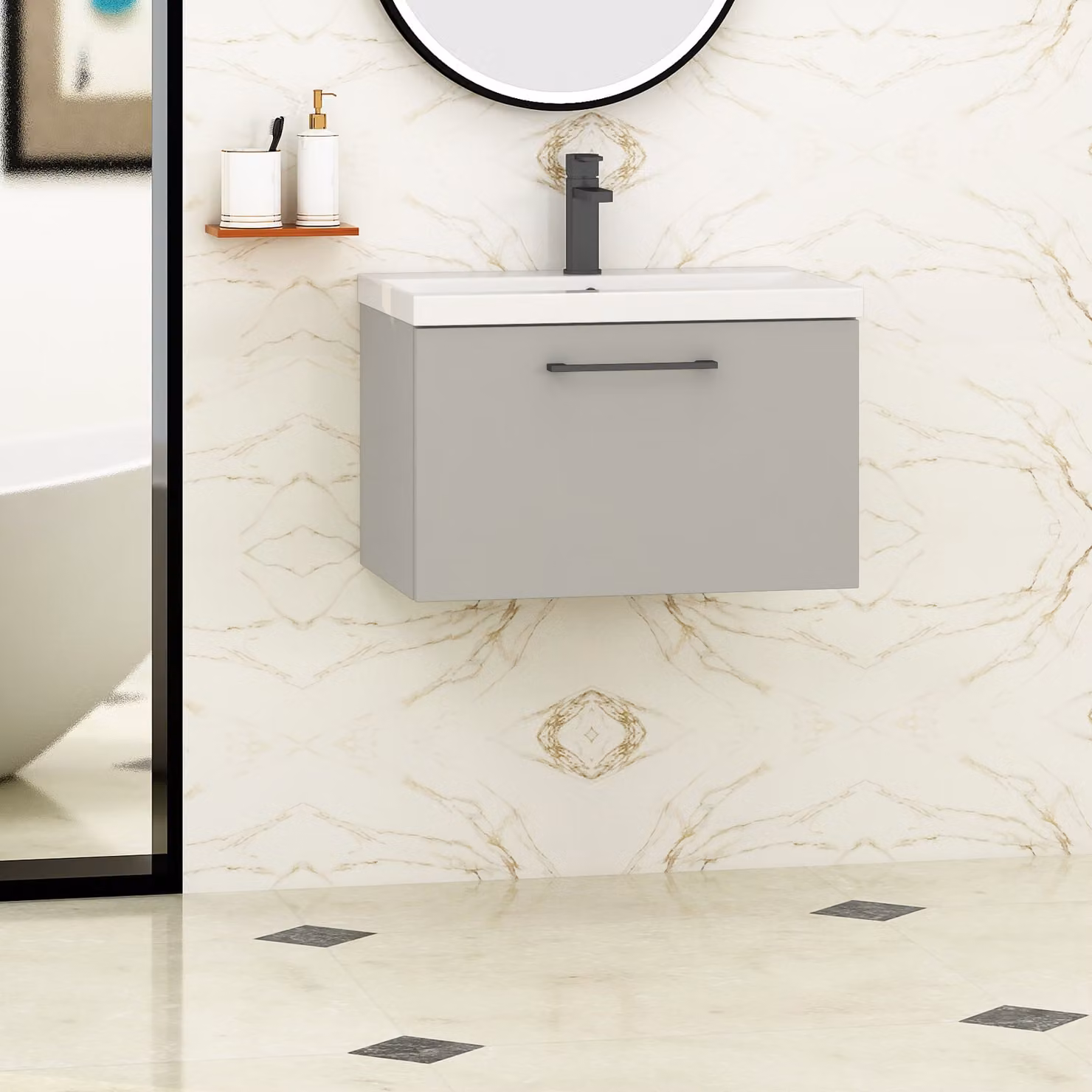 Royal Bathrooms Modena 800mm Wall Hung Vanity Unit in Satin Grey with Mid-Edge Basin and Black Handle