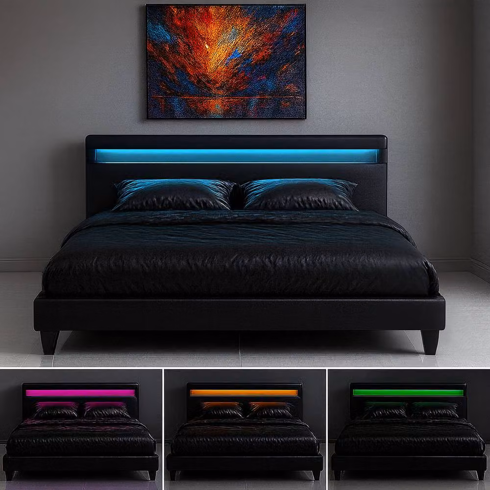 Harmin Black Faux Leather LED Upholstered Small Double Bed Frame, W/D/H: 120 x 200 cm – 3