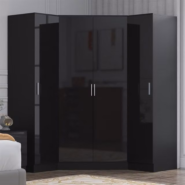 REFLECT Wardrobe Bundle featuring one 2-door corner wardrobe and two 1-door wardrobes in Black Gloss and Black Oak finish
