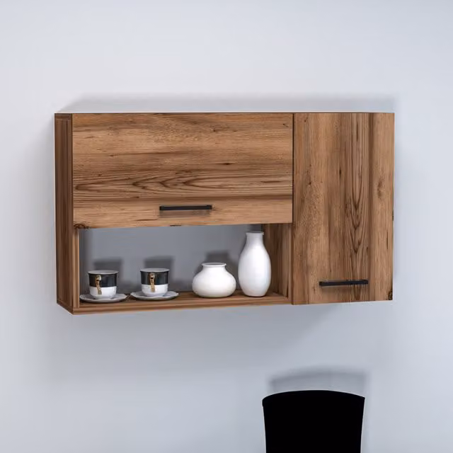 Destina Home Novarro Multi-Purpose Wall-Mounted Kitchen Cabinet in Brown and Orange Wood and Metal Finish