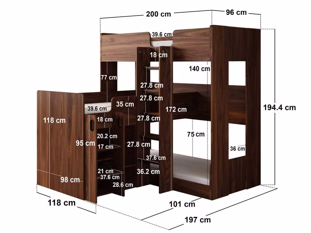 Flair Bode Triple Sleeper Bunk Bed in Walnut and Brown, W: 90 cm, D: 200 cm – 3