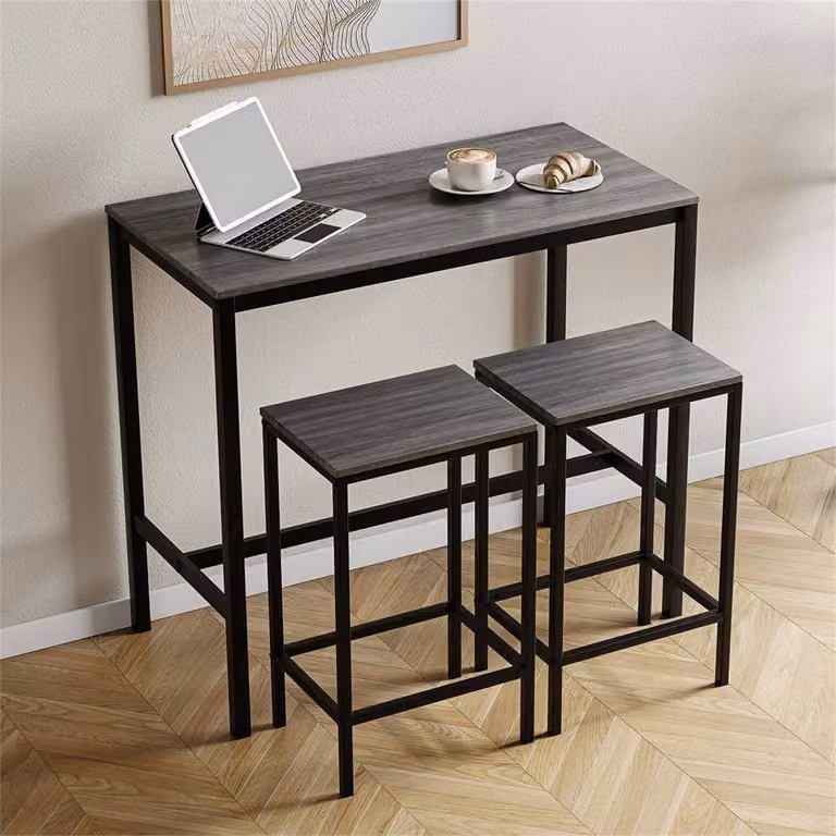 NESTLUNE Grey Industrial Bar Table and 2 Stool Set for Kitchen or Dining Room, W: 100 cm