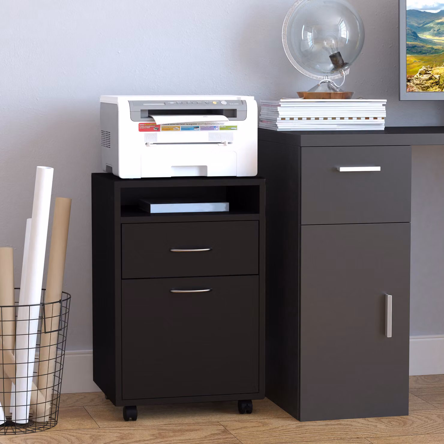 HOMCOM Mobile Storage Cabinet Office Home Organiser with Drawer, Open Shelf and Metal Handles in Black – 2