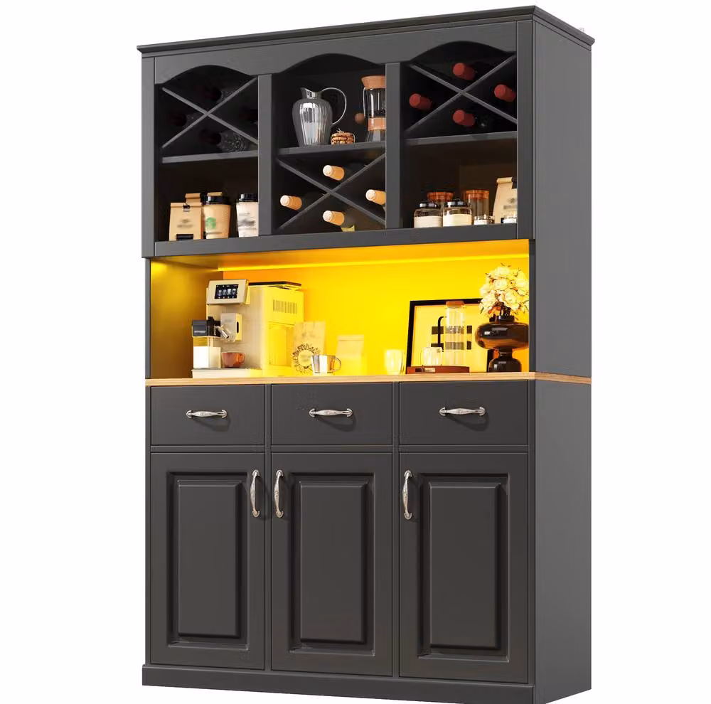STILVORA Black Matt Tall Kitchen Cabinet with 3 Drawers, Hinged Doors and Integrated Lighting – 5
