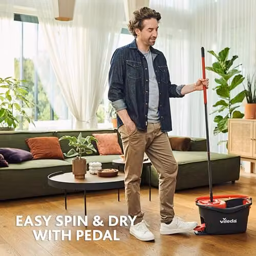 Vileda Turbo 2in1 Spin Mop and Bucket Set with Microfibre Mop Head, Wringer and Telescopic Handle in Grey and Red – 2
