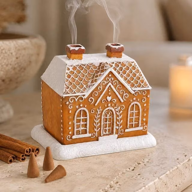 Marco Paul Gingerbread House Ceramic Incense Cone Burner in Tan with 15 Cinnamon Incense Cones – 1