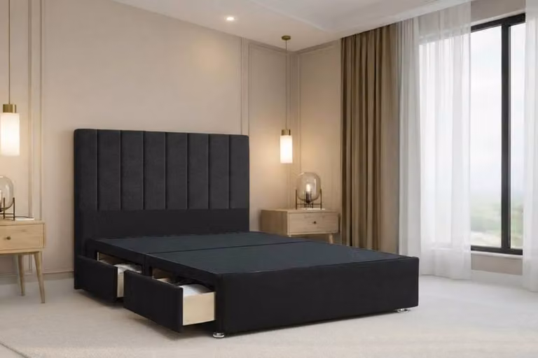 Chester & Oakley Lunar Plush Velvet Divan Bed Base with 2 Drawers and 54 inch Headboard, Black, W/D/H: 90 x 190 cm