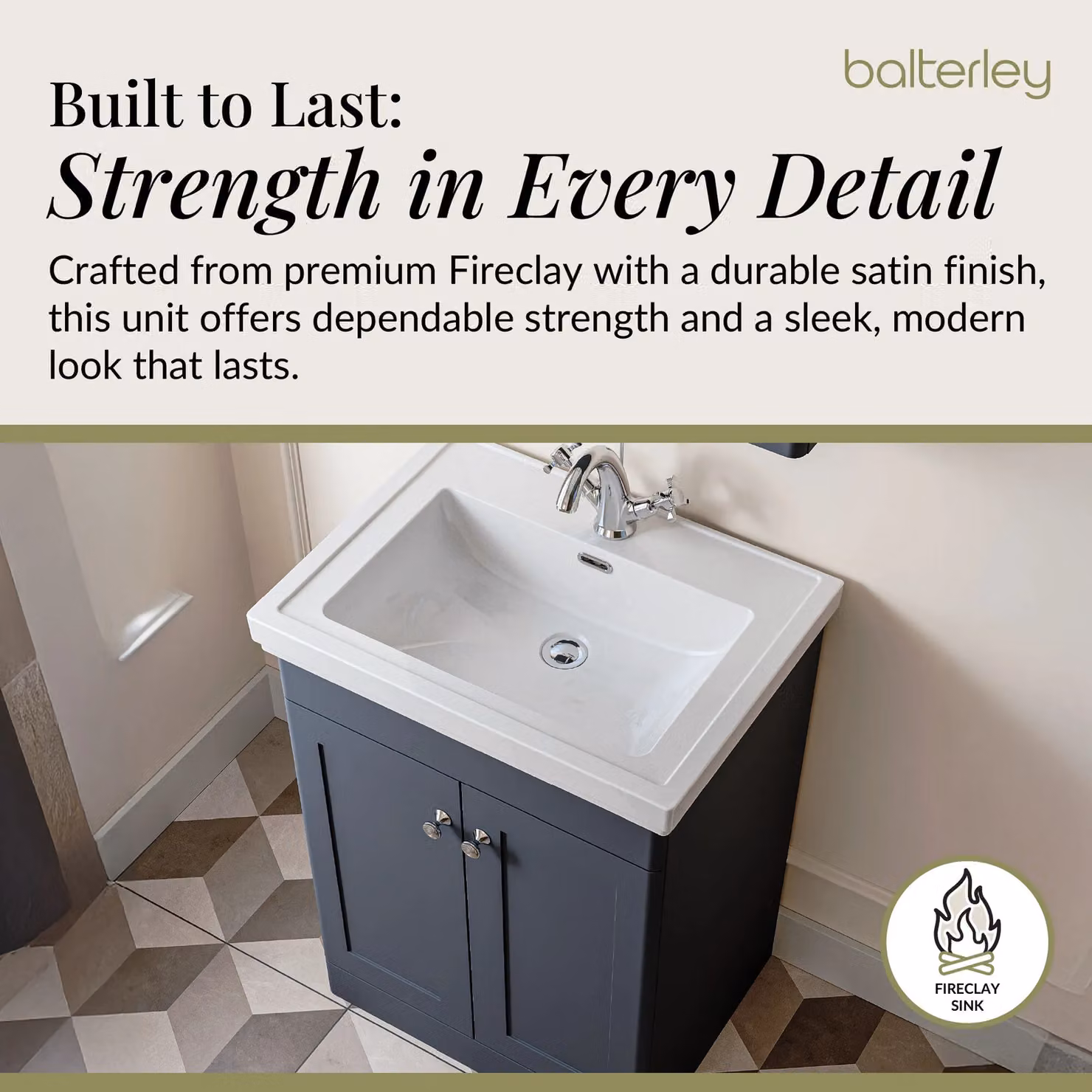 Balterley 2-Door Freestanding Bathroom Floor Vanity Unit with Fireclay Basin in Matt Dark Grey, W: 60 cm, H: 86.5 cm – 3