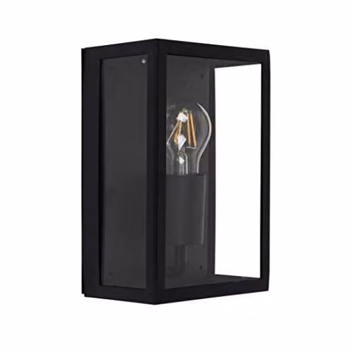 MiniSun Modern Rectangular Outdoor Security Wall Light Lantern in Black and Glass with Warm White LED Bulb (IP44 Rated)