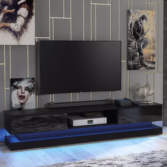 Mex Furniture LTD Modern Glossy Black TV Unit with LED Lighting, W: 180 cm, D: 35 cm, H: 36 cm