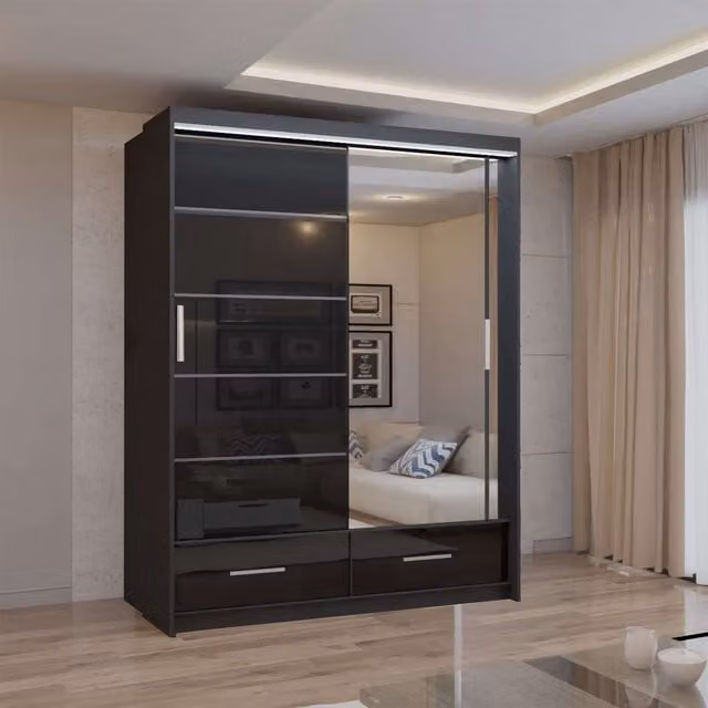 Sliding Wardrobes 4U Modern High Gloss Sliding Wardrobe with Integrated LED Lighting in Black, W: 150 cm, H: 220 cm