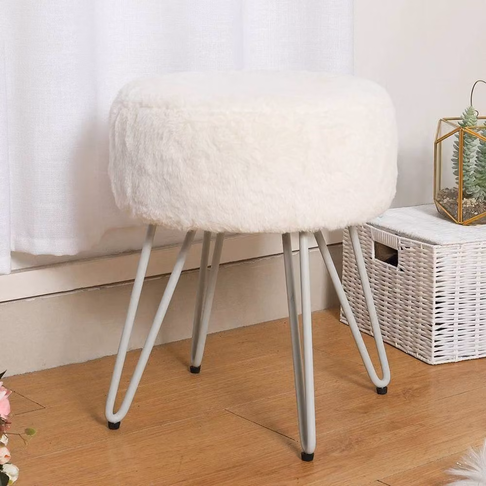 KORVIXA Round Plush Pouffe Stool in White, Diameter: 100 cm – 2