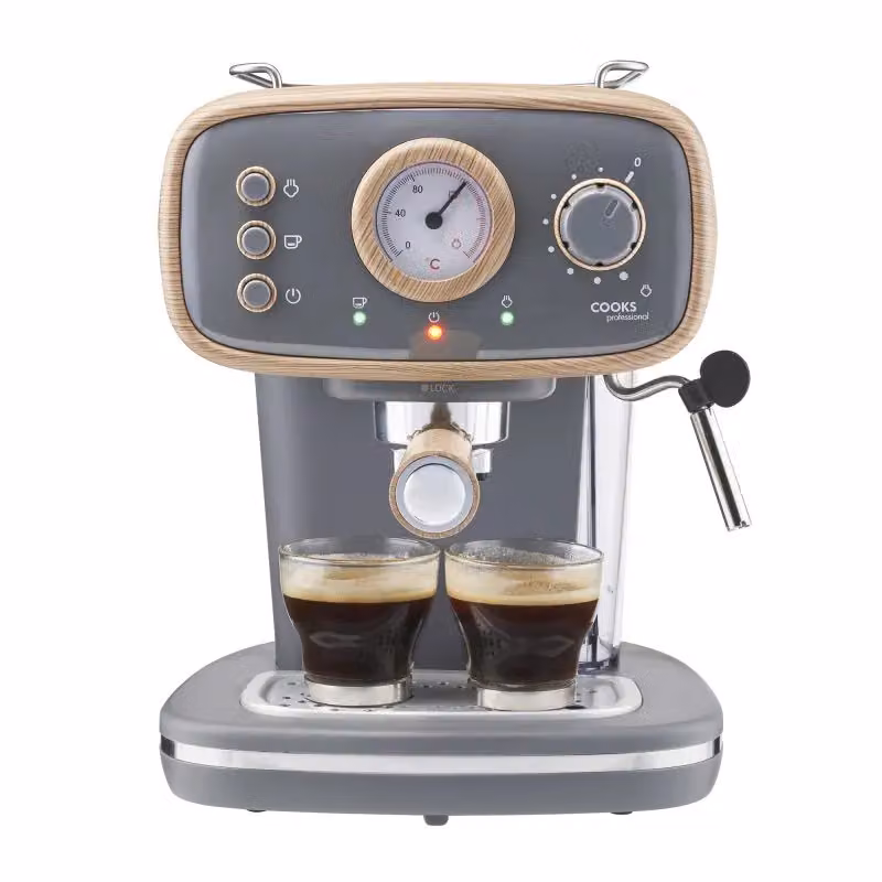 Cooks Professional 15-Bar Retro Espresso Coffee Machine with Steam Wand and 1.2L Removable Water Tank in Grey – 2