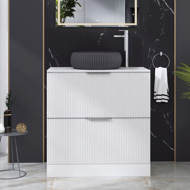 Royal Bathrooms Evora 800mm Matt White Fluted Floor Standing Countertop Vanity Unit with 2 Drawers and Milan Black Basin