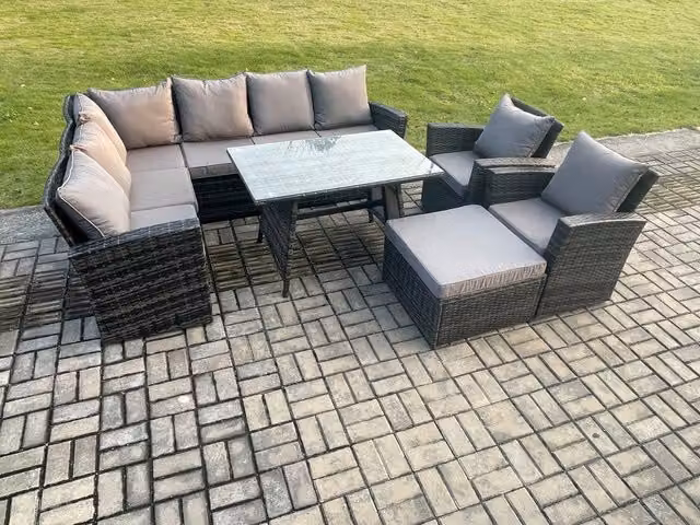 Fimous High Back Rattan Outdoor Garden Furniture Set in Dark Grey with Corner Sofa, Dining Table, Armchair and Footstool